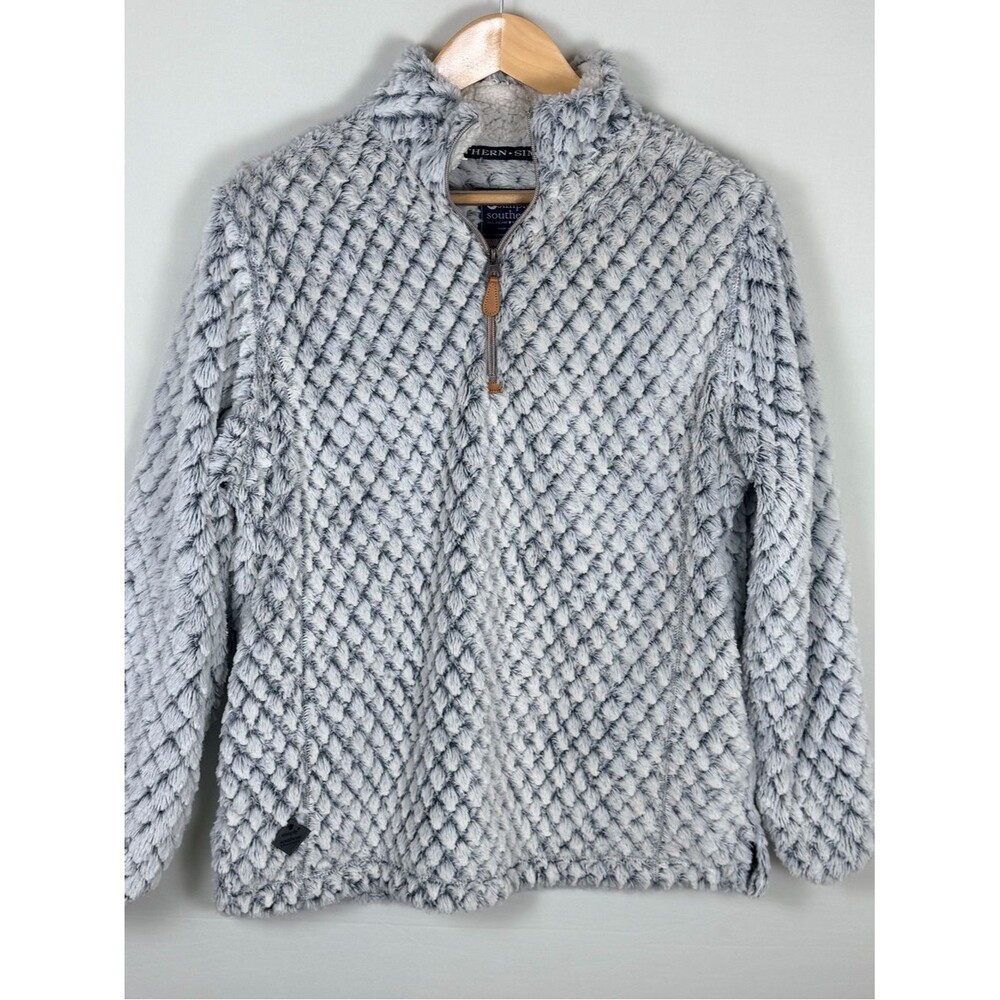 Simply Southern Gray Textured Faux Fur Quarter Zip Pullover M